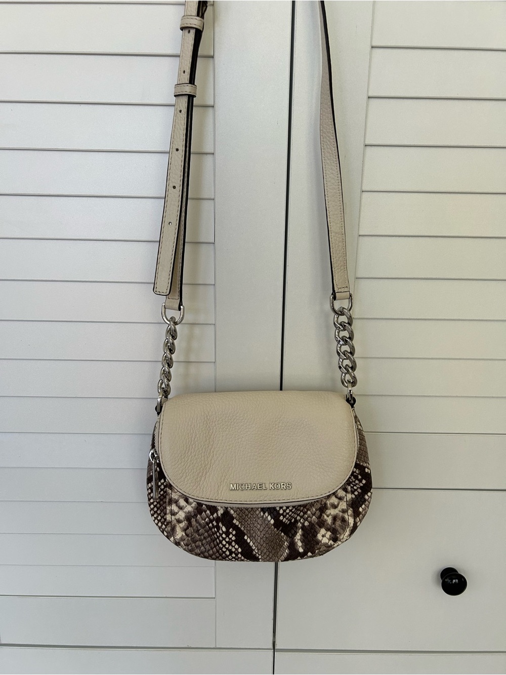 Michael Kors Cream Leather Crossbody with Snake-Print Trim